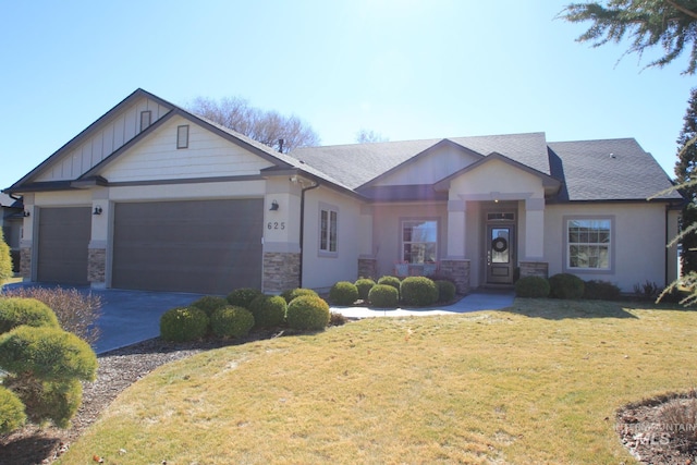 craftsman house with a garage, a shingled roof, stone siding, driveway, and a front yard