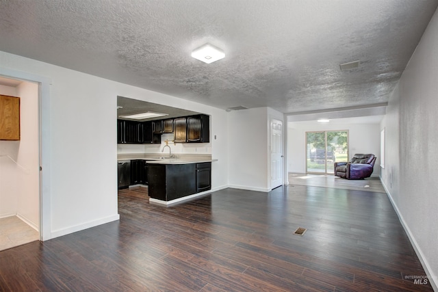 unfurnished living room with a textured ceiling, dark wood-type flooring, and sink