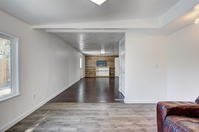 living room featuring lofted ceiling and hardwood / wood-style flooring