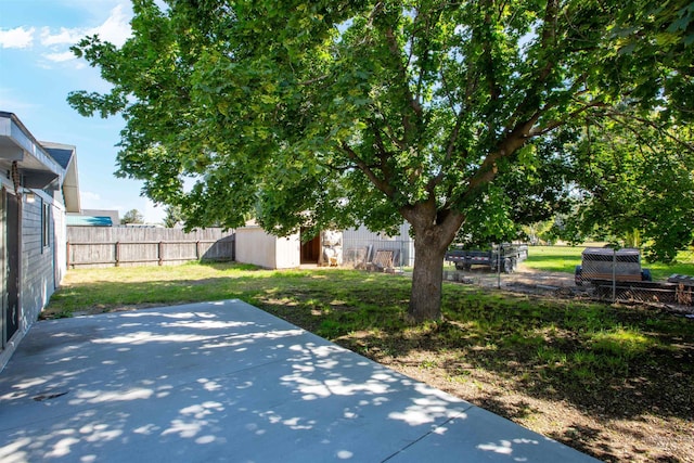 view of patio featuring a storage shed