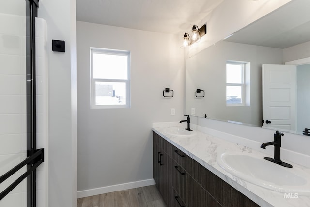 4429 N Magical Creek Ave, Meridian, ID 83646 - bathroom with wood finished floors, double vanity, and baseboards