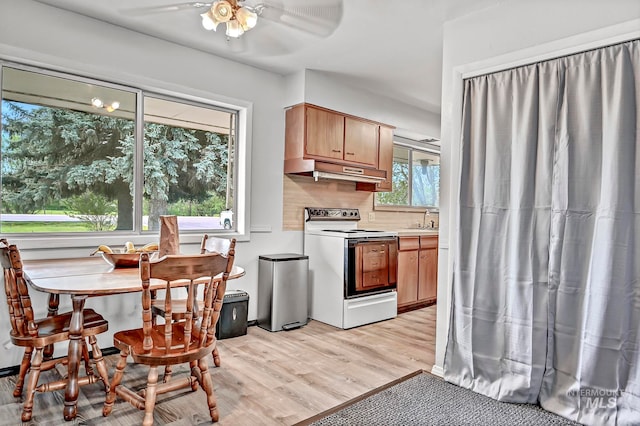 kitchen with backsplash, sink, white electric range oven, light wood-type flooring, and ceiling fan