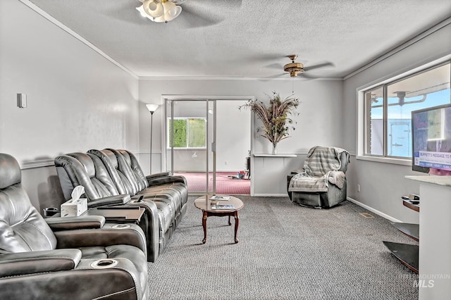 carpeted living room featuring ceiling fan, a textured ceiling, and ornamental molding