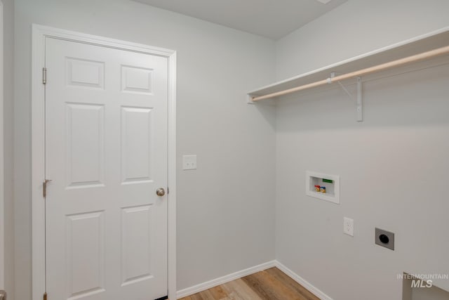 laundry area with hookup for an electric dryer, light hardwood / wood-style floors, and washer hookup