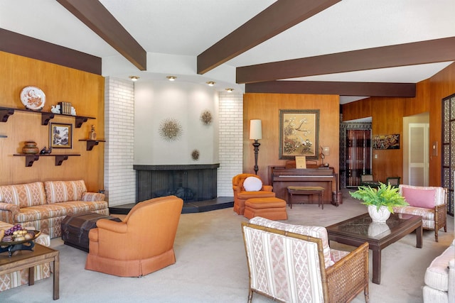 living room featuring light carpet, wood walls, and brick wall