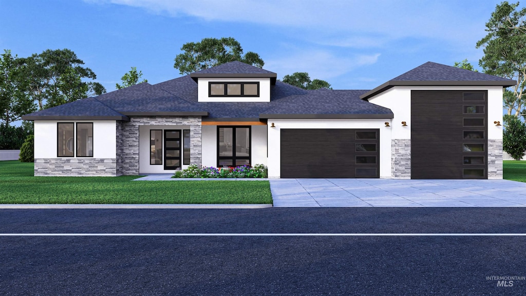 22909 Cirrus Vw, Caldwell, ID 83709 - contemporary house featuring stone siding, an attached garage, a front yard, concrete driveway, and stucco siding