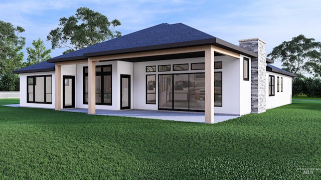 22909 Cirrus Vw, Caldwell, ID 83709 - rear view of house featuring a yard, a chimney, stucco siding, and a patio area