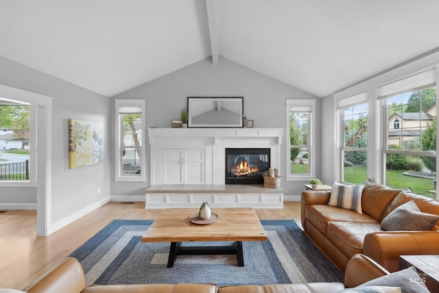living room featuring healthy amount of natural light, a glass covered fireplace, light wood-style floors, and baseboards