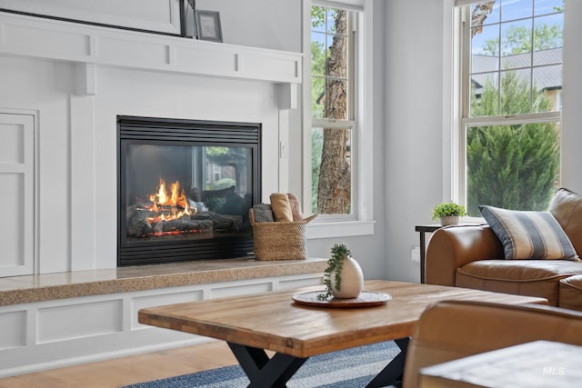 dining area view of a glass covered fireplace and wood finished floors