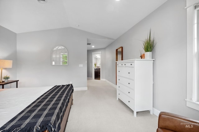 bedroom with light colored carpet, lofted ceiling, baseboards, and recessed lighting