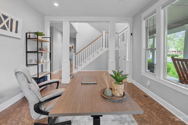 home office featuring baseboards and recessed lighting