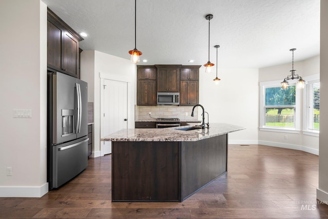 7253 River View Dr, Marsing, ID 83639 - kitchen featuring stainless steel appliances, dark brown cabinets, tasteful backsplash, dark wood-style flooring, and recessed lighting