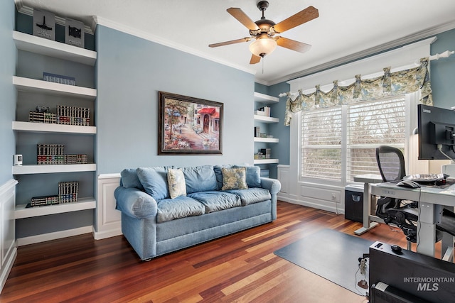 office area featuring ornamental molding, wood finished floors, a ceiling fan, and built in features