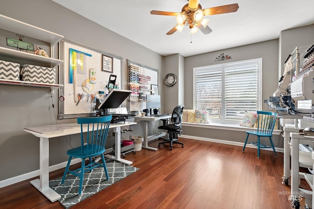 office with ceiling fan, wood finished floors, and baseboards