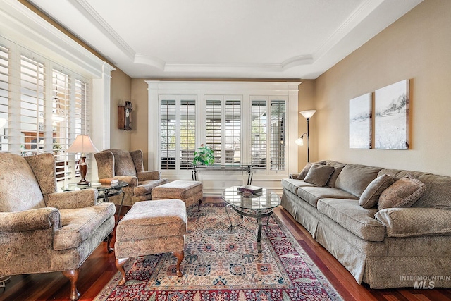 living area featuring a tray ceiling, crown molding, and wood finished floors