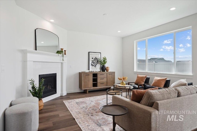6303 W Pewter Point St, Meridian, ID 83646 - living room with dark wood finished floors, recessed lighting, and a fireplace