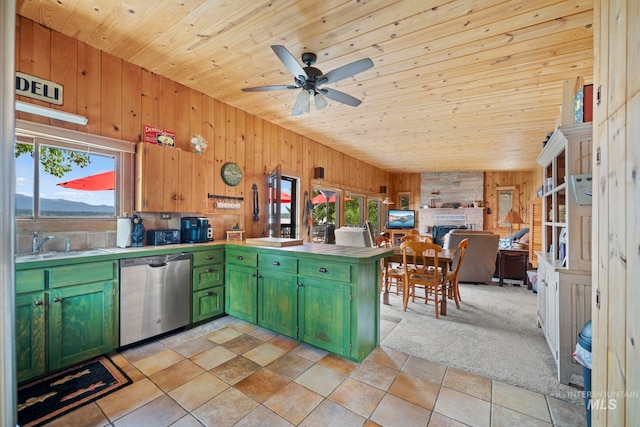 kitchen featuring green cabinets, wooden ceiling, wooden walls, and stainless steel dishwasher