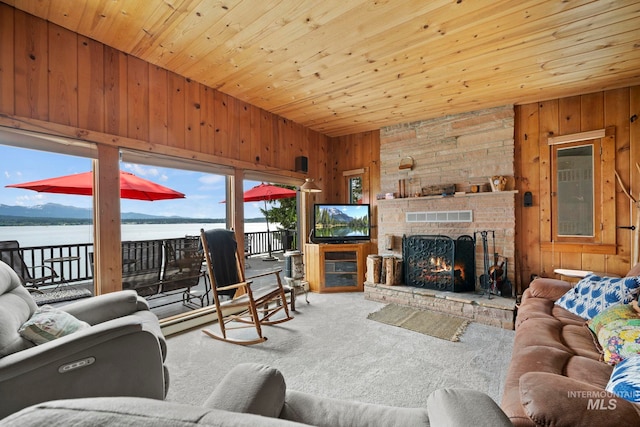 living room featuring a water view, carpet floors, a fireplace, and wooden walls