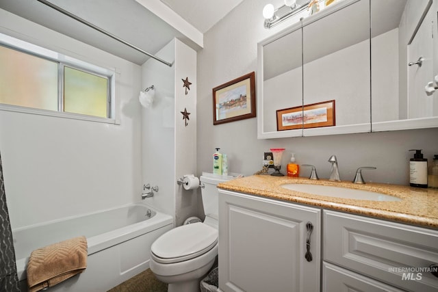 full bathroom with toilet, vanity, and bathing tub / shower combination