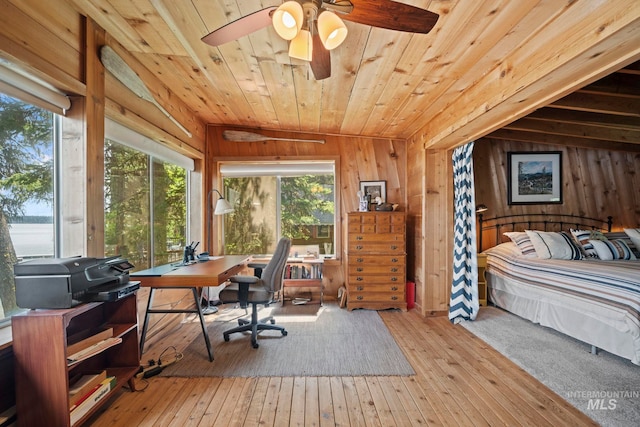 office space featuring light wood-type flooring, wood ceiling, vaulted ceiling, ceiling fan, and wood walls