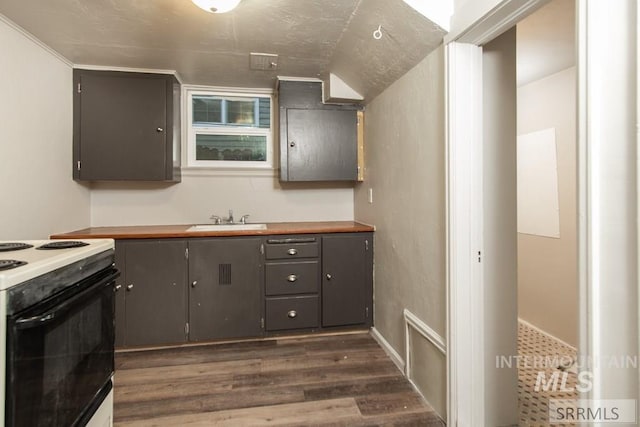 kitchen featuring butcher block counters, sink, white range with gas stovetop, and dark hardwood / wood-style floors