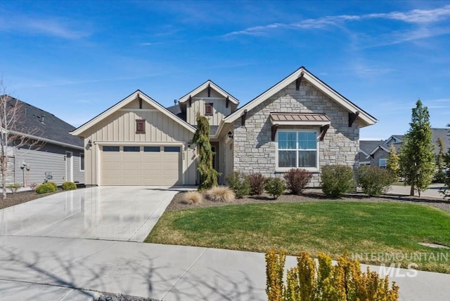 craftsman house featuring concrete driveway, stone siding, board and batten siding, a front lawn, and an attached garage