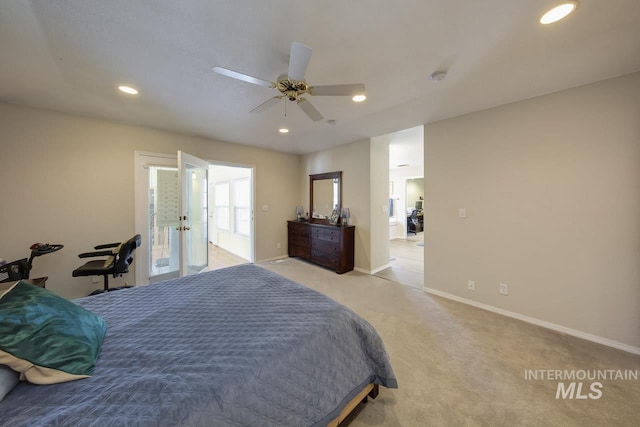 3411 Wilson Ln, Nampa, ID 83686 - bedroom with recessed lighting, baseboards, light carpet, french doors, and a ceiling fan