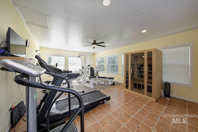 3411 Wilson Ln, Nampa, ID 83686 - exercise area featuring recessed lighting, ceiling fan, baseboards, and tile patterned floors