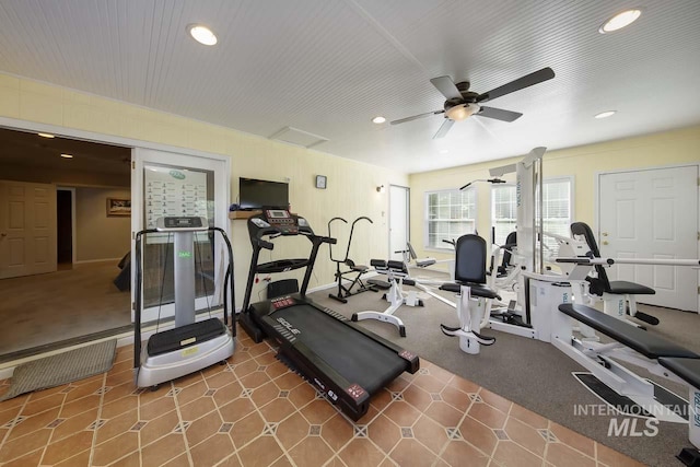 3411 Wilson Ln, Nampa, ID 83686 - exercise room with a ceiling fan, recessed lighting, carpet floors, and baseboards