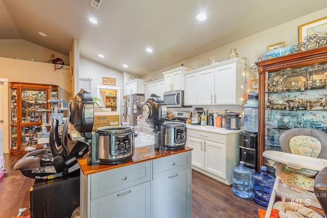 3744 S Antler Rdg, Boise, ID 83709 - kitchen with appliances with stainless steel finishes, vaulted ceiling, white cabinets, dark wood-style flooring, and recessed lighting