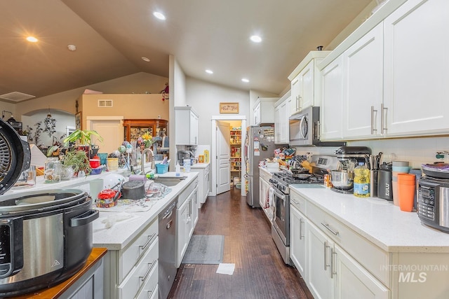 3744 S Antler Rdg, Boise, ID 83709 - kitchen featuring a sink, appliances with stainless steel finishes, dark wood-type flooring, lofted ceiling, and white cabinets