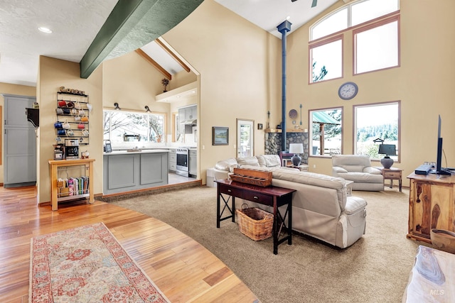 living room featuring healthy amount of natural light, light wood finished floors, high vaulted ceiling, and a wood stove