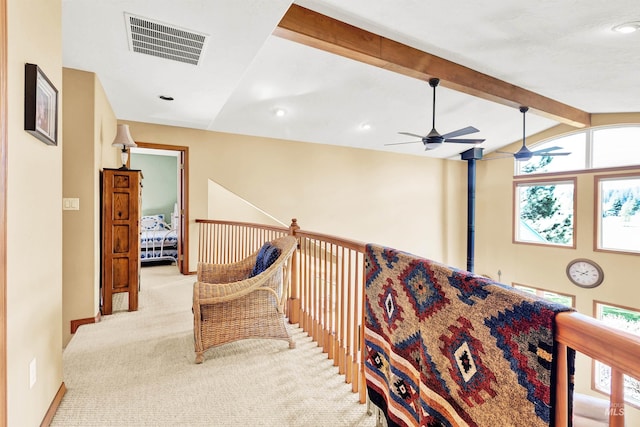 sitting room with ceiling fan, carpet flooring, recessed lighting, an upstairs landing, and baseboards