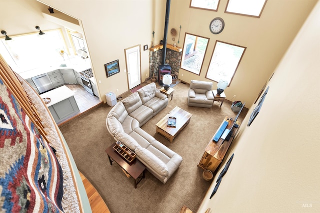 living room with a wood stove, a high ceiling, and wood finished floors