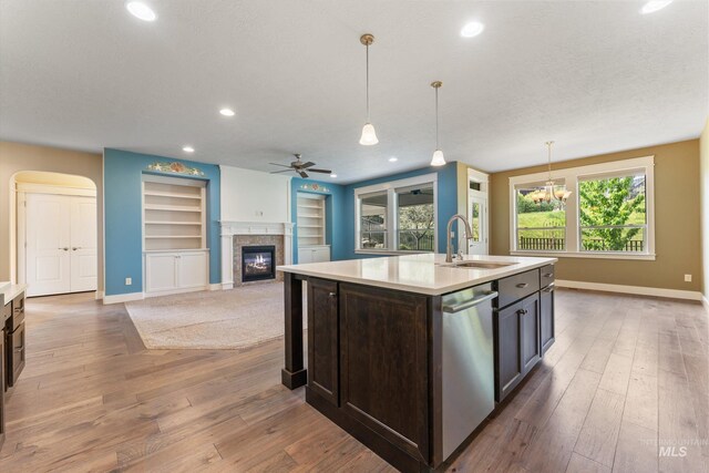 1031 E Reflect Ridge Dr, Meridian, ID 83642 - kitchen with dishwasher, a sink, baseboards, a glass covered fireplace, and built in features