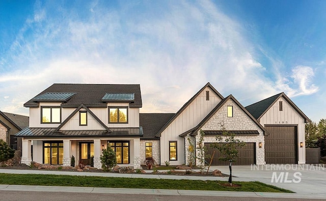 1195 N Arrano Farms Ln, Eagle, ID 83616 - modern farmhouse with a standing seam roof, a garage, board and batten siding, concrete driveway, and metal roof