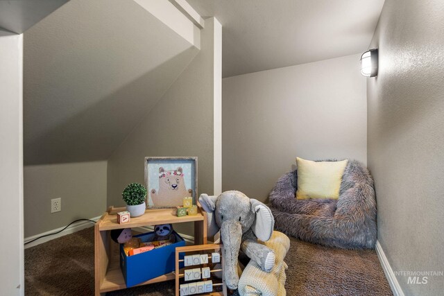 interior space featuring carpet and vaulted ceiling