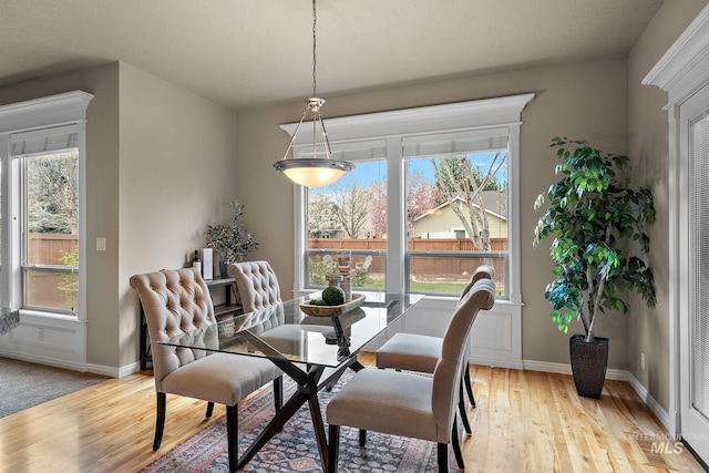 dining space featuring light wood finished floors, baseboards, and a healthy amount of sunlight