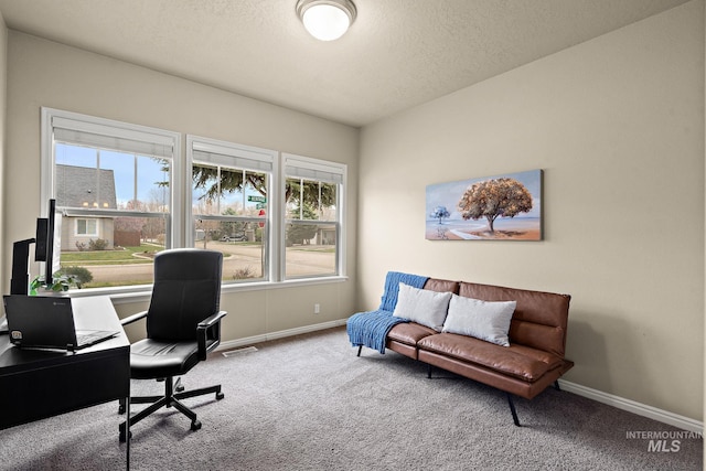 carpeted office space featuring a textured ceiling, baseboards, and visible vents