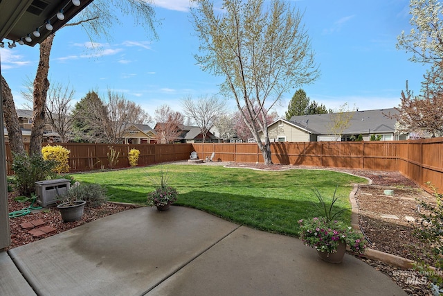 view of yard with a fenced backyard and a patio