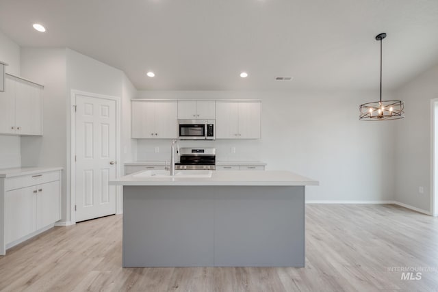 kitchen featuring pendant lighting, white cabinetry, stainless steel appliances, and a center island with sink