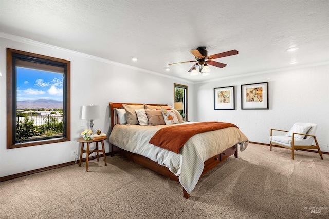 bedroom with carpet flooring, baseboards, crown molding, multiple windows, and recessed lighting