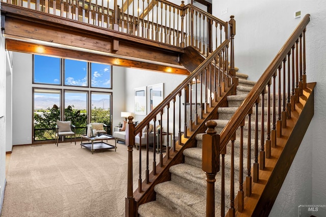 stairs featuring a high ceiling, carpet flooring, and a textured wall