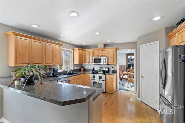 kitchen with sink, light hardwood / wood-style flooring, stainless steel appliances, and kitchen peninsula