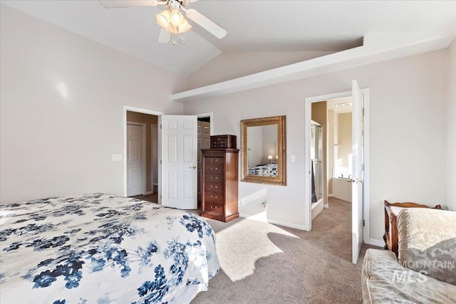 bedroom featuring lofted ceiling, carpet floors, and ceiling fan