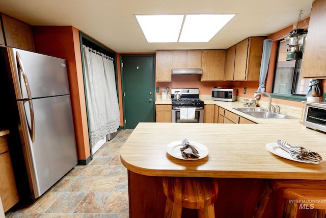 1955 E Parkside Dr, Boise, ID 83712 - kitchen featuring stainless steel appliances, a sink, under cabinet range hood, light countertops, and a peninsula