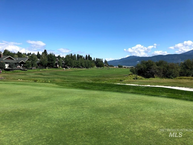 view of community with a yard and a mountain view