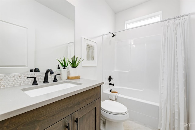 full bath featuring vanity, toilet, and shower / bathtub combination with curtain