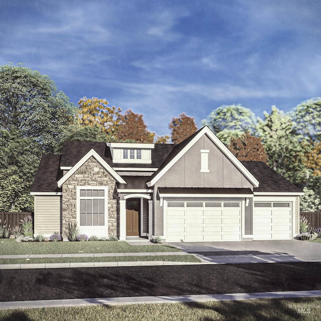 view of front of home with roof with shingles, fence, stone siding, and an attached garage