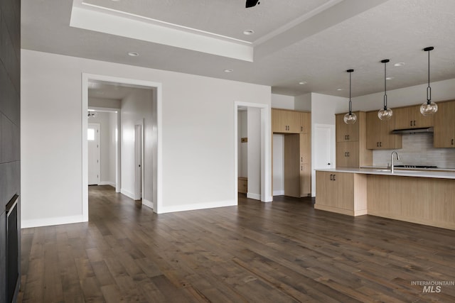 4364 N Madden Way, Meridian, ID 83646 - kitchen featuring dark wood-style flooring, light countertops, light brown cabinetry, under cabinet range hood, and backsplash